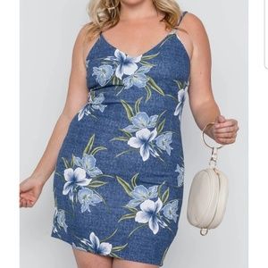 Plus Size Denim Blue Floral Bodycon Mini Dress